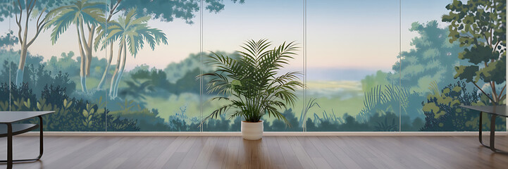 Obraz premium Green palm plant in white pot against blue green jungle wallpaper minimalist interior design tranquility and serenity 