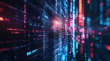 Abstract digital background with glowing lines of binary code, representing data and technology.