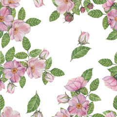 Pink Rosa Canina flowers in bloom, floral elements, along with green leaves. Seamless pattern. Hand painted watercolor clipart. Ideal for surface design, home decor, apparel prints, or DIY crafts