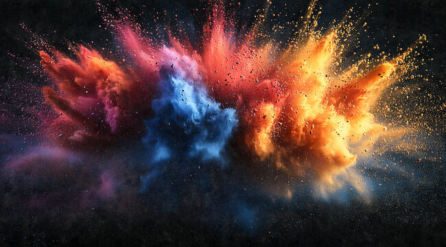 Una explosi&oacute;n colorida de chispas,polvo y humo. Los colores son rojo, azul y amarillo. Concepto de energ&iacute;a y emoci&oacute;n.