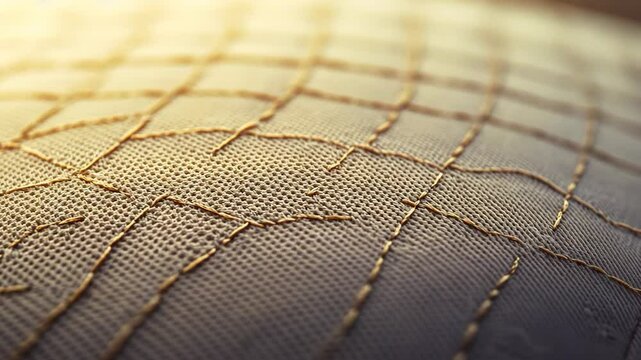 A close-up of a beige fabric with a grid pattern stitched with gold thread