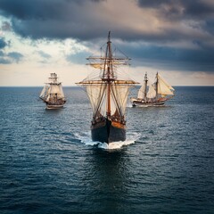 Fototapeta premium one carrack and two caravels on Atlantic sea; AI generated image
