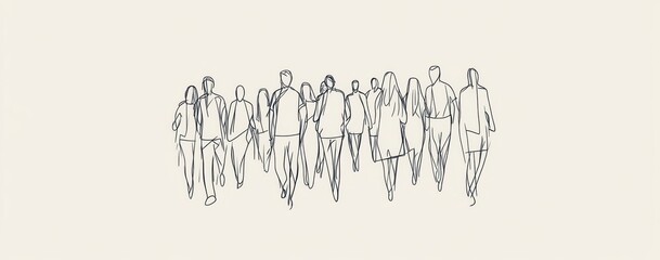 Obraz premium A simple line drawing of a crowd, on a white background, minimalistic in style, with many people walking in the same direction Generative AI