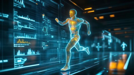 A digital representation of a runner, with data visualizations displayed on a screen behind.