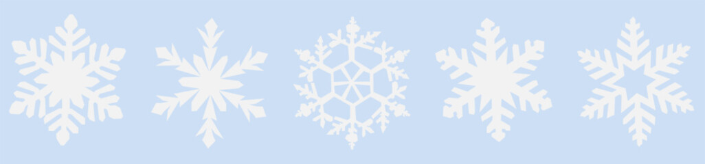 Set of cute white snowflakes icons on isolated background, silhouette. New Year's decoration. Symbols for mobile applications and website design. Sample. Snowy winter. Snowflake vector icon