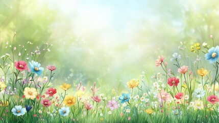 A vibrant meadow of wildflowers blooms under a soft, sunlit sky, AI
