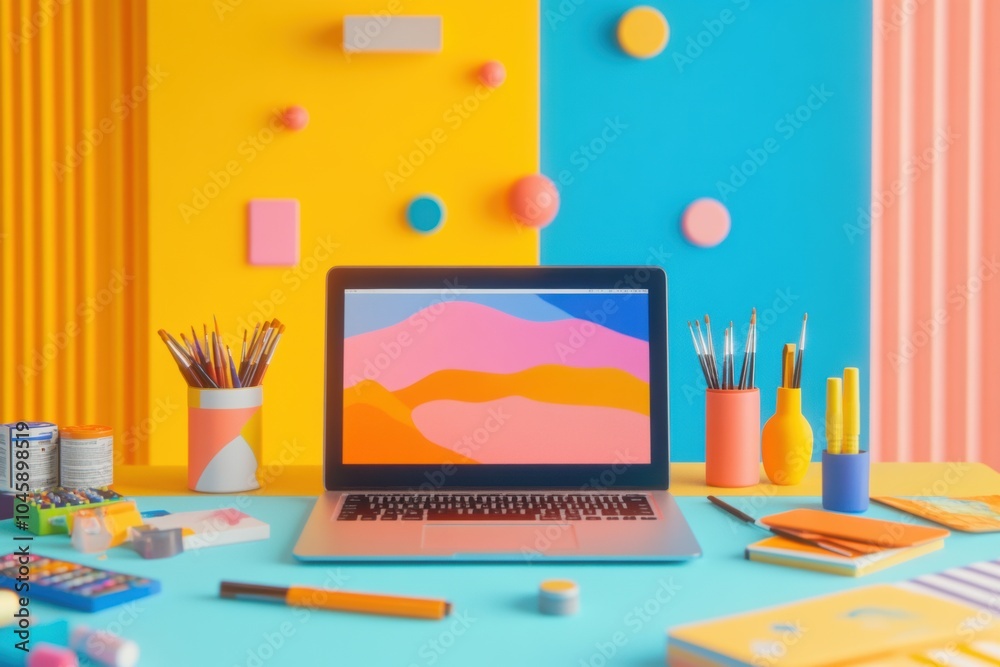 Aufkleber a lively workspace showcases a laptop surrounded by colorful stationery, creating an inspiring atmos