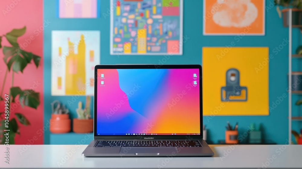 Leinwandbilder a sleek laptop sits on a bright countertop in a vibrant workspace adorned with artwork and greenery,