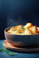   A bowl of creamy soup topped with crispy croutons and melted cheese, served on a rustic wooden board with a fragrant sprig of rosemary
