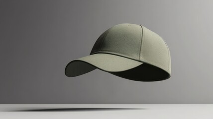 Fototapeta premium Stylish green cap floating on a grey background, perfect for fashion and accessories.