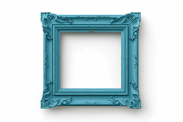 Square, ornate, blue, wooden picture frame isolated on white background.