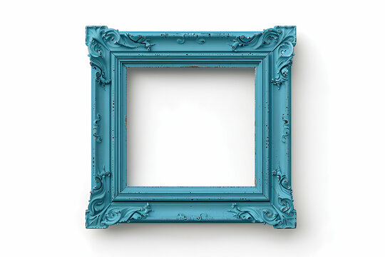 Square, ornate, blue, wooden picture frame isolated on white background.