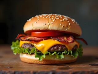 A straight on photorealistic image of a cheesy greasy bacon burger with lettuce and tomato on a wooden table. Toasted bun, capturing the essence of imperfection. the image emulates the clarity and dep