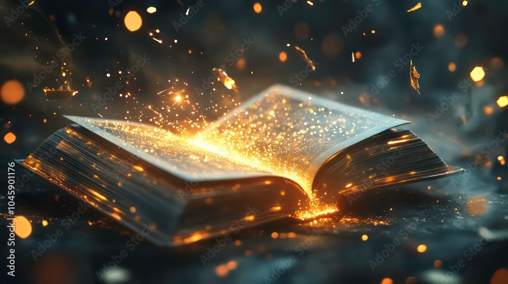 Poster an open book with a bright light emanating from its pages, surrounded by sparks and smoke.