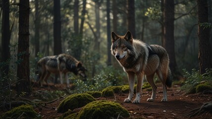 Naklejka premium Two wolves stand in a forest, with the front wolf looking directly at the camera, while the other wolf is in the background, with the sun shining through the trees in the distance.