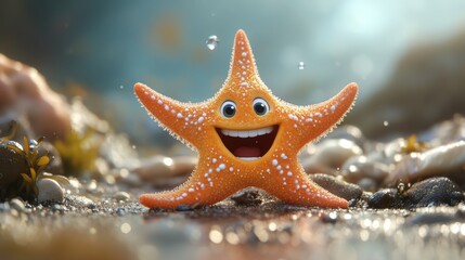 Cheerful 3D render of a starfish with five arms, lying on the ocean floor