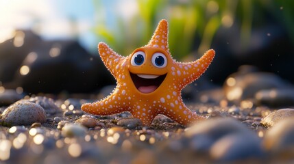 Cheerful 3D render of a starfish with five arms, lying on the ocean floor