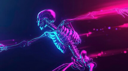 A glowing neon skeleton runs through a dark space with pink and blue lights.