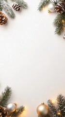 Festive frame with pine branches, cones, and ornaments on a light background