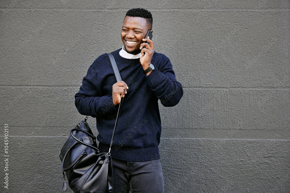 Poster outdoor, business and black man with smile in phone call for communication or conversation in new yo