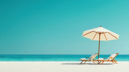 Fototapeta premium A few lawn chairs sit beneath an umbrella on a sandy beach beside a body of water