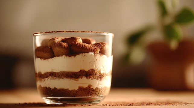 A close-up of a dessert in a glass sits on a table, surrounded by a lush potted plant