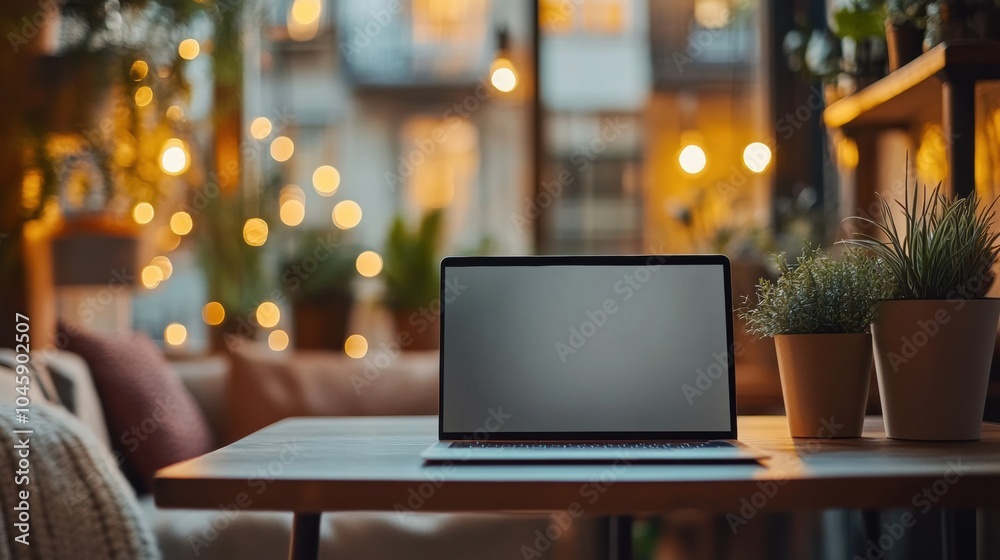 Aufkleber A modern workspace is adorned with a laptop on a wooden table, complemented by lush plants and soft warm lighting in an inviting setting. Generative AI