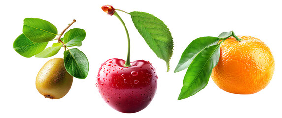 Obraz premium Set of kiwi, cherry and tangerine with green leaves, covered in water droplets, isolated on white transparent background.