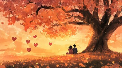 A couple sits beneath a large tree with red leaves, enjoying the sunset. Red hearts float in the sky.