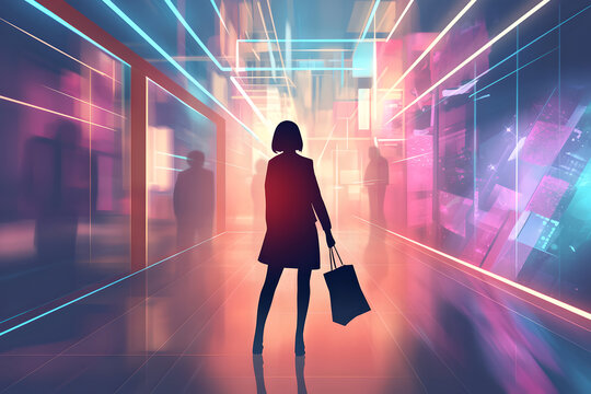 Woman on shopping, neon light futuristic space. Online shopping on application or website. Technology, virtual purchase. E-commerce