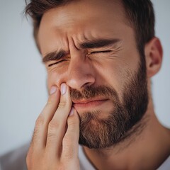 Obraz premium Detailed shot a man with a toothache, pressing his cheek and showing pain