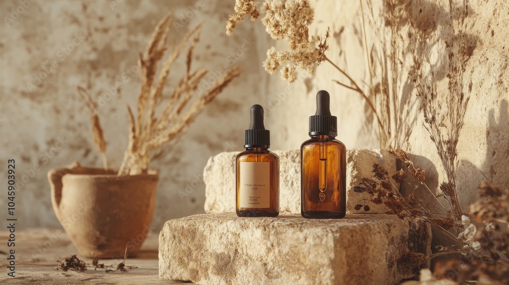 Poster two amber bottles with droppers sit on a stone. dried plants are in the background. the bottles are 