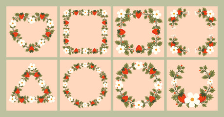 Vector shape of Strawberry flowers frame, Floral border box label of wreath with branch and leaves