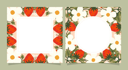 Square and circle size of Strawberry flowers greeting card and invitation template for wedding or birthday anniversary, Vector shape of text box label and frame