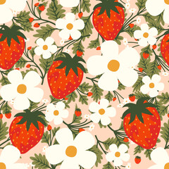 Strawberry flowers wreath with branch and leaves. Seamless pattern background. Floral vector artwork for apparel and fashion fabrics