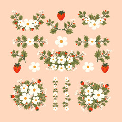 Isolated strawberry flowers wreath with branch and leaves. Vector bouquet and decorative object. Blooming floral material for graphic design