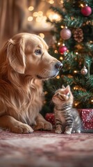 a big dog and a kitten sitting beside a Christmas tree with glowing bokeh lights in the background. pets, dog and cat