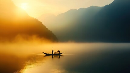 Fototapeta premium Two people on a boat amidst a tranquil body of water with majestic mountains in the backdrop at dusk