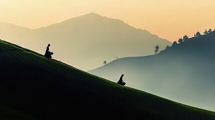   A group of people sitting on a lush green hillside next to a foggy hill covered in low-lying trees