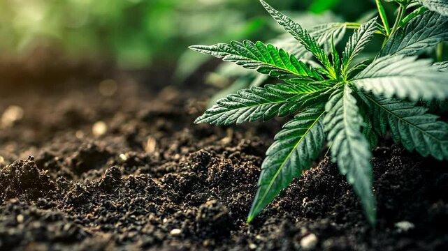 A young marijuana plant grows in rich, dark soil