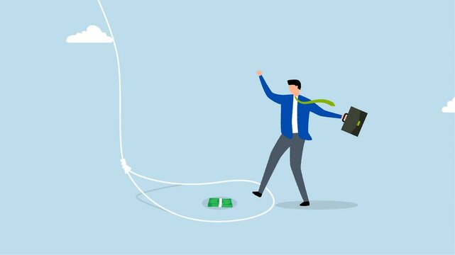 Money trap to trick greed people, 4k animation of greedy businessman attempts to navigate tricky rope trap in order to obtain bundle of money banknotes.