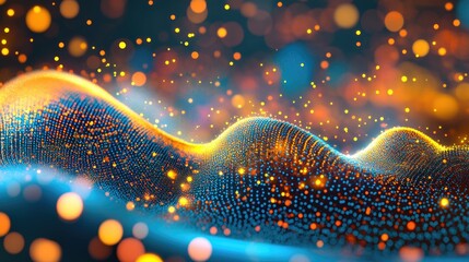 Flowing wave of purple digital particles and light with shining stars and dots, creating a dynamic abstract scene.