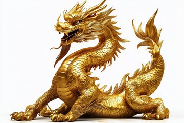Fototapeta premium Golden Dragon Statue, 3D Render, Isolated, White Background, Chinese Symbol, Mythical Creature, Art