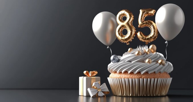 Golden Balloons and Cupcake for an 85th Birthday, birthday, celebration, 85th