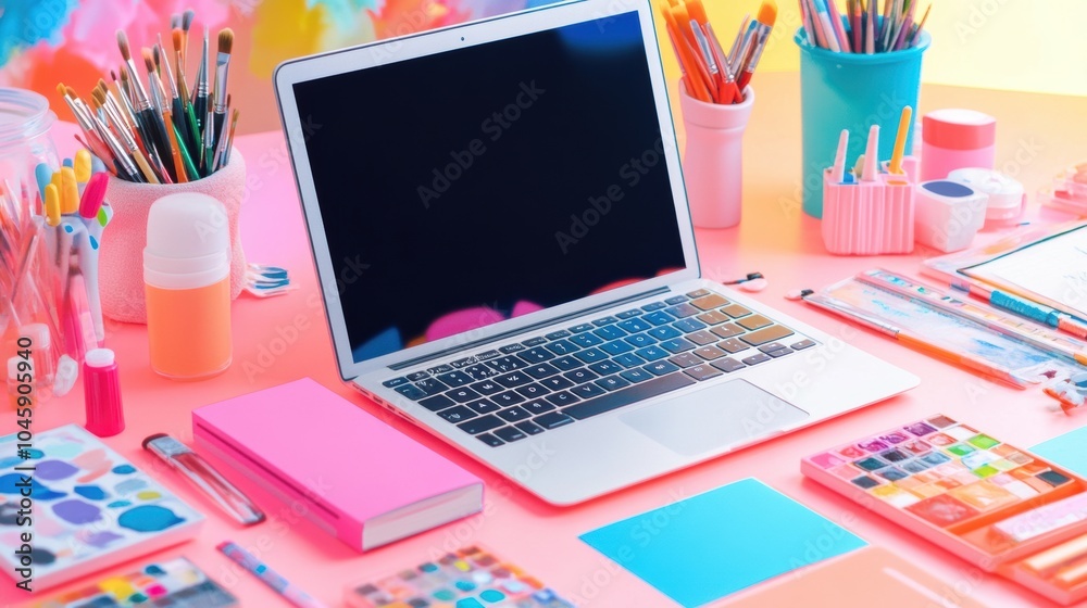 Poster A colorful desk setup showcases a laptop alongside various art materials and stationery, inviting inspiration for creative projects. Generative AI