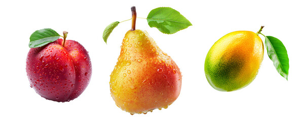 Set of mango, pear, plums or nectarine covered in dew drops, surrounded by green leaves isolated on white background.
