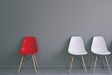 Minimalist room with three chairs, one red and two white