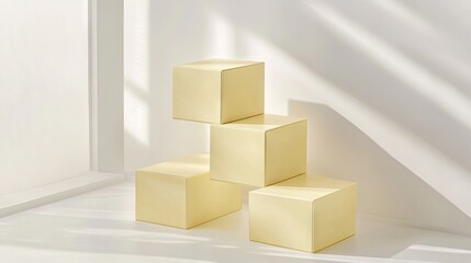 Fototapeta premium Light beige podiums in varying heights, perfect for displaying cosmetic products in a clean, modern presentation style.