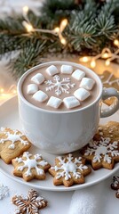 A cozy cup of hot chocolate topped with marshmallows sits beside gingerbread cookies shaped like snowflakes, creating a festive winter treat.