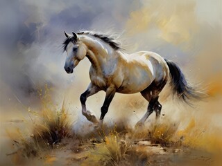 Obraz premium Horse running gallop on the meadow in autumn. Digital painting